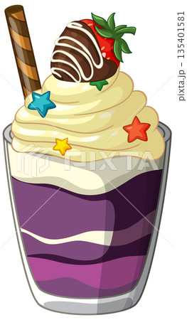 Purple Layered Parfait Dessert with Whipped Cream and Chocolate Strawberry 135401581