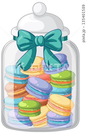 Colorful French Macarons in a Glass Jar with Teal Ribbon Colorful French Macarons in a Glass Jar with Teal Ribbon 135401589