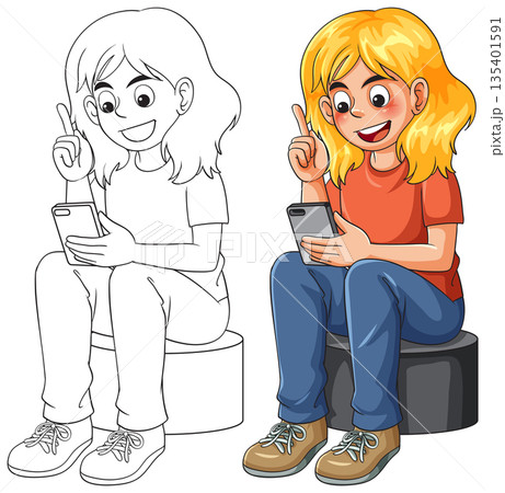 Happy Girl Sitting and Using Smartphone Illustration 135401591