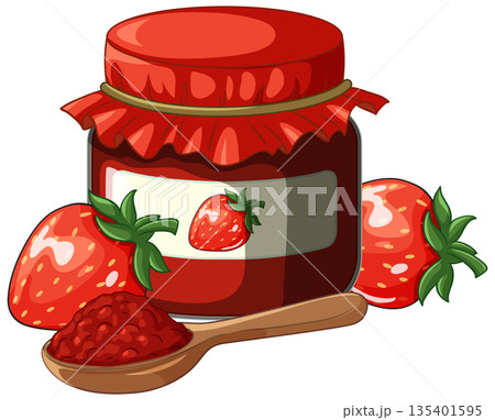 Glass Jar of Strawberry Jam with Fresh Berries and Wooden Spoon 135401595