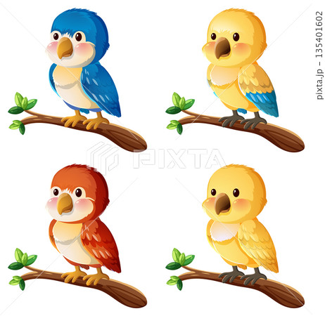 Colorful Cartoon Parrots Perched on Tree Branches 135401602