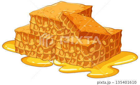 Vector Illustration of Fresh Honeycomb Pieces with Dripping Golden Honey 135401610