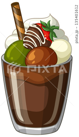 Chocolate Parfait Dessert with Matcha Ice Cream and Fresh Strawberry 135401612