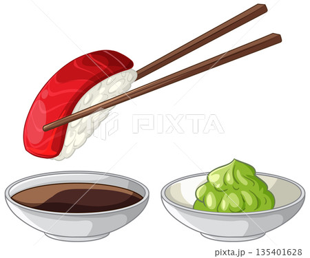 Tuna Nigiri Sushi with Chopsticks Soy Sauce and Wasabi Vector Illustration 135401628