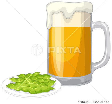Glass Mug of Frothy Beer with a Side of Edamame 135401632