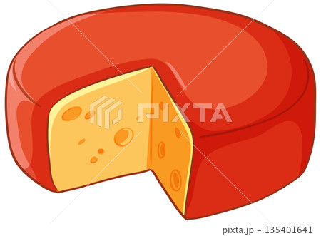 Whole Round Cheese Wheel with Red Wax Coating and Missing Slice Whole Round Cheese Wheel with Red Wax Coating and Missing Slice 135401641