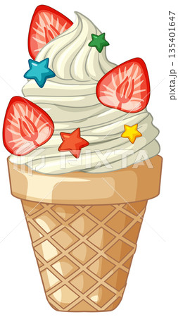 Soft Serve Vanilla Ice Cream Cone with Strawberry Slices and Stars 135401647