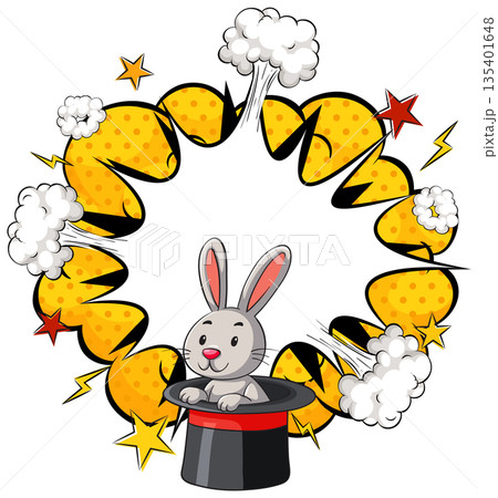 Cartoon Rabbit Emerging From Magician's Hat With Comic Burst Cartoon Rabbit Emerging From Magician's Hat With Comic Burst 135401648