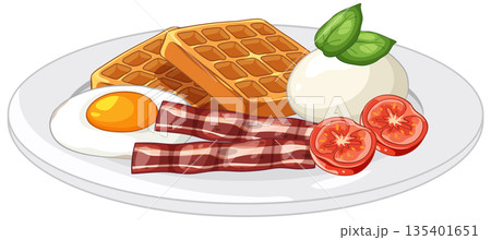 Breakfast Plate with Waffles Fried Egg Bacon and Tomato Vector Illustration 135401651