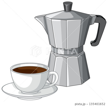 Classic Silver Moka Pot and White Cup of Black Coffee 135401652