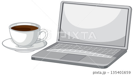 Open Laptop Computer Next to a Cup of Black Coffee Open Laptop Computer Next to a Cup of Black Coffee 135401659
