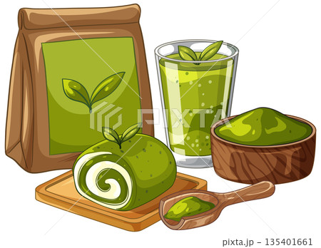 Matcha Green Tea Dessert Set with Swiss Roll and Powder 135401661