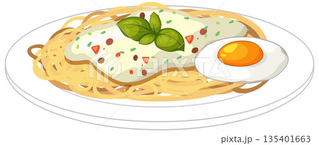 Vector Illustration of Spaghetti with Creamy Sauce and Fried Egg 135401663