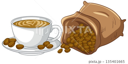 Vector Illustration of a Coffee Cup and Burlap Sack of Beans 135401665