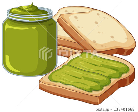 Vector Illustration of Green Jam Jar and Sliced Bread Toast 135401669