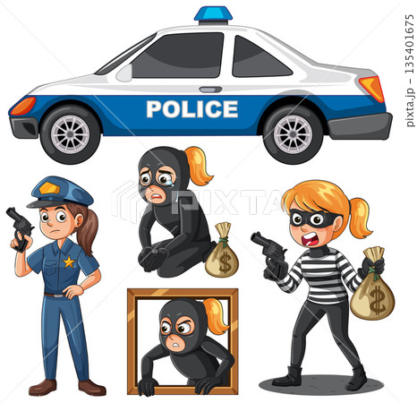 Female Police Officer and Thief Characters with Police Car Female Police Officer and Thief Characters with Police Car 135401675