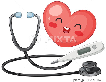 Cartoon Heart with Stethoscope and Digital Thermometer Medical Illustration Cartoon Heart with Stethoscope and Digital Thermometer Medical Illustration 135401676