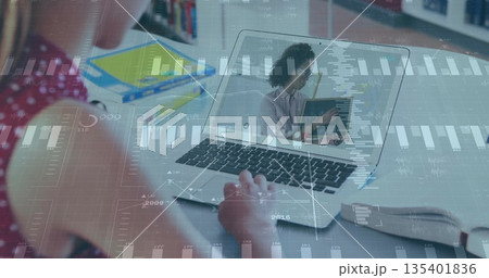 Studying teenage girl working on silver laptop with teacher at home with notebooks and data charts Studying teenage girl working on silver laptop with teacher at home with notebooks and data charts 135401836