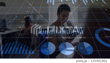 Data analyst woman analyzing floating bar, pie and line charts on smartphone in office, with graphs 135401902