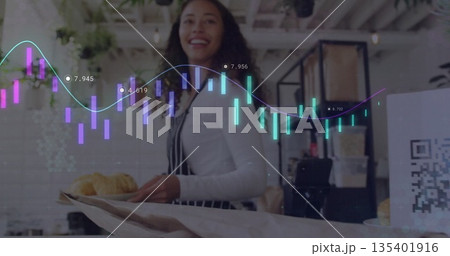 Barista in striped apron holding tray of croissants in cafe, with digital candlestick chart overlay Barista in striped apron holding tray of croissants in cafe, with digital candlestick chart overlay 135401916