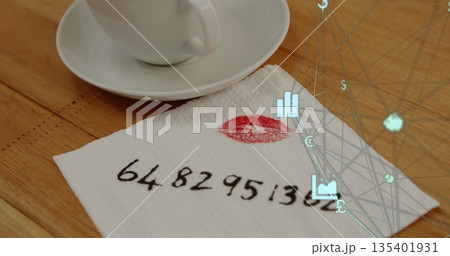 Showing coffee cup and napkin with lipstick stain and number on café table with network overlay 135401931