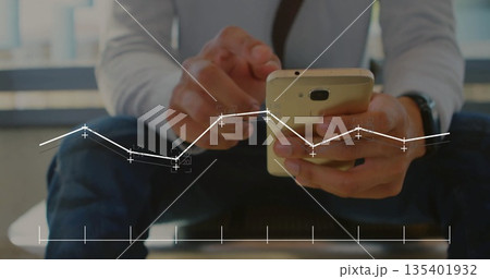 Tapping gold smartphone screen, viewing data overlay in grey shirt on office bench with wristwatch Tapping gold smartphone screen, viewing data overlay in grey shirt on office bench with wristwatch 135401932