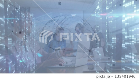 Leaning professionals wearing work attire pointing at laptop screen in office, with data overlays Leaning professionals wearing work attire pointing at laptop screen in office, with data overlays 135401946