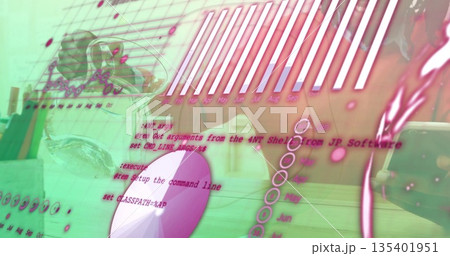 Displaying half-full water glass with ice cubes on desk, overlaid data charts in home office Displaying half-full water glass with ice cubes on desk, overlaid data charts in home office 135401951