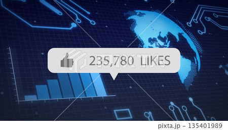 Displaying dashboard showing circuit grid and blue bar chart, world map and thumbs-up likes overlay 135401989