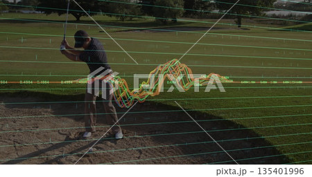 Golfer in polo shirt swinging club in bunker at golf course, overlaying grid data, copy space 135401996