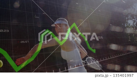 Swinging visored player hitting forehand on tennis court, racket, ball, grid chart overlay Swinging visored player hitting forehand on tennis court, racket, ball, grid chart overlay 135401997