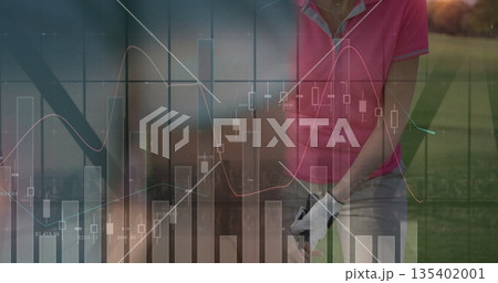 Gripping golf club, golfer with white glove aligning on course under candlestick bars, copy space 135402001