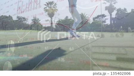 Standing woman golfer wearing white pants, shoes on putting green, with flagstick and chart overlay Standing woman golfer wearing white pants, shoes on putting green, with flagstick and chart overlay 135402006