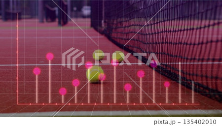 Overlaying grid and pink data points charting yellow tennis ball positions on red court, with net 135402010