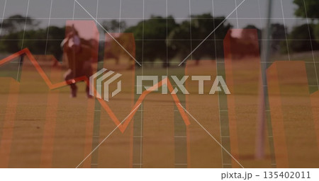 Swinging golfer hitting golf ball from tee with club on fairway, orange chart graphics and grid 135402011