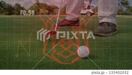 Golfer in khaki trousers aligning putter with golf ball on putting green, wireframe grid overlay 135402032