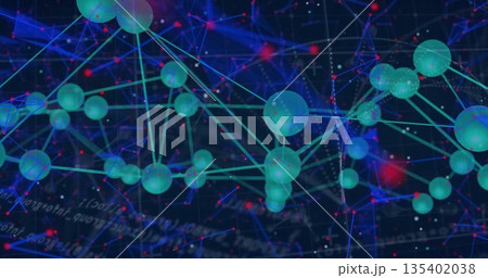 Showing green spheres, teal lines forming network in digital backdrop, with red data highlights 135402038