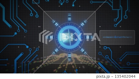 Displaying central glowing circular blue HUD interface in cyber dashboard, with golden data blocks Displaying central glowing circular blue HUD interface in cyber dashboard, with golden data blocks 135402044