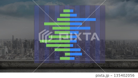 Floating panel showing chart on concrete terrace edge with green blue bars overlooking skyscrapers 135402056