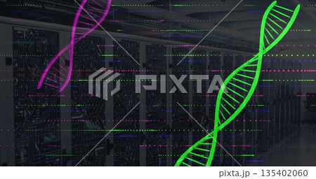 Floating neon green DNA helix streaming through data center, with LED status lights Floating neon green DNA helix streaming through data center, with LED status lights 135402060
