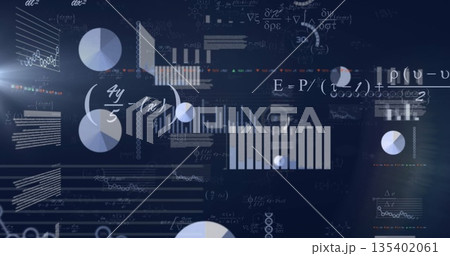 Visualizing central data analytics on digital interface, with pie charts bar graphs formulas Visualizing central data analytics on digital interface, with pie charts bar graphs formulas 135402061
