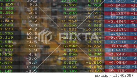 Displaying translucent digital financial panel showing colored figures in trading floor, data table 135402097