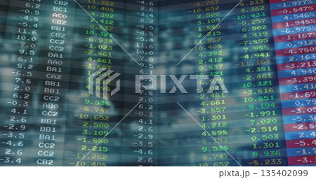 Digital ticker display showing ticker codes with colored percent changes at trading floor Digital ticker display showing ticker codes with colored percent changes at trading floor 135402099
