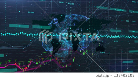 Displaying 3D Earth rotating within analytics dashboard, with network nodes and candlestick charts 135402105