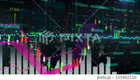 Displaying chart featuring candlestick bars and trend lines on trading platform, with world map 135402110