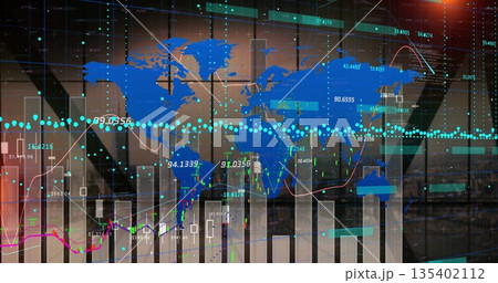 Displaying transparent screen overlaying world map in boardroom with bar scatter candlestick charts 135402112
