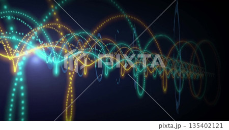 Displaying waveforms twisting in virtual space, with turquoise dotted arcs and yellow sine lines 135402121