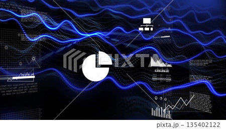 Flowing data stream moving sideways in digital interface, with pie chart, line graph, grid overlays Flowing data stream moving sideways in digital interface, with pie chart, line graph, grid overlays 135402122