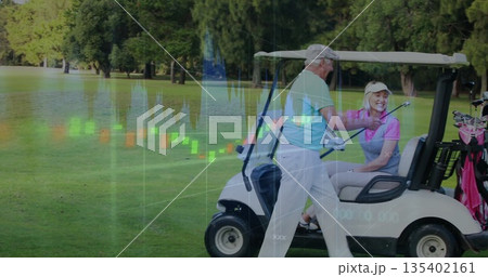 Couple navigating white golf cart on course, wearing caps, with candlestick overlay, copy space 135402161
