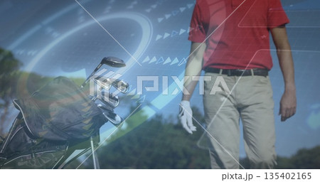 Standing golfer adjusting white glove on fairway, with golf clubs, digital overlays, copy space 135402165